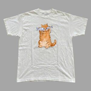 White - Orange Cat Graphic Tee With Fish